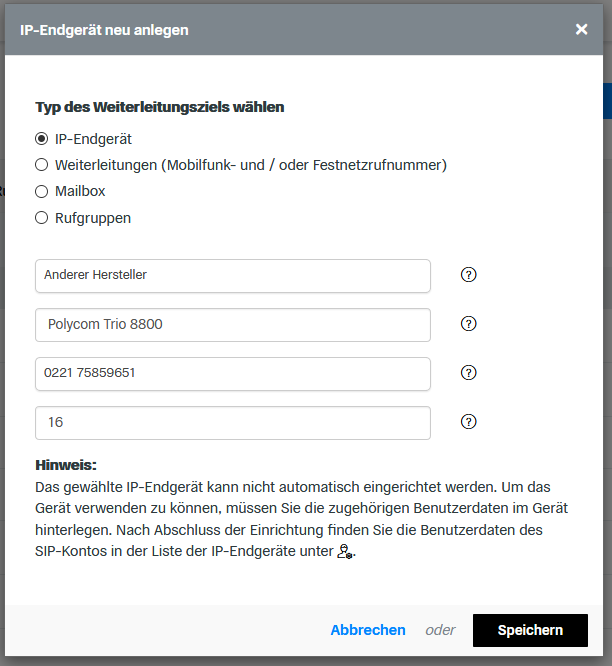 Polycom RealPresence Trio 8800: Neues Ziel anlegen