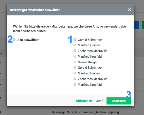 Ansicht fonial Kundenkonto Berechtigte Mitarbeiter für Ansage wählen