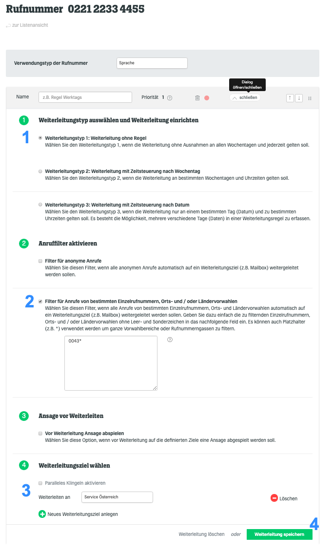fonial Fallbeispiel 3 Anruffilter für österreichische Anrufe