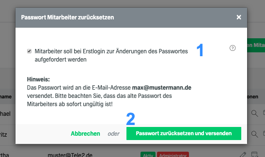 Ansicht Mitarbeiter Passwort zurücksetzen