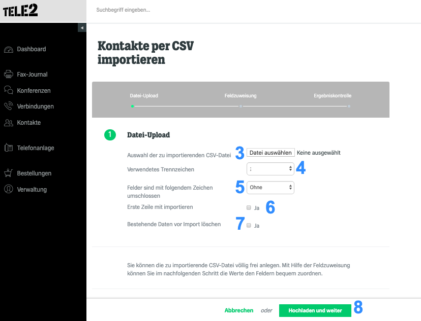 Einstellungen des CSV imports