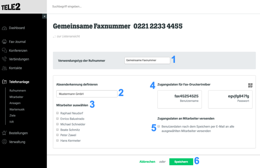 fonial Kundenkonto gemeinsame Faxnummern bearbeiten Schritt 2