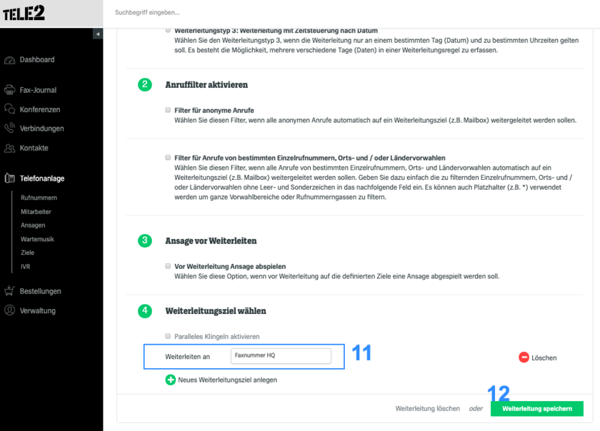 Weiterleitungsziel wählen