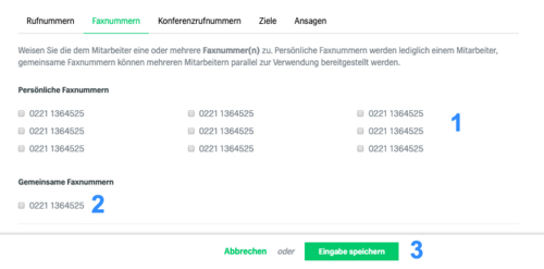 Ansicht fonial Kundenkonto Berechtigung Faxnummern