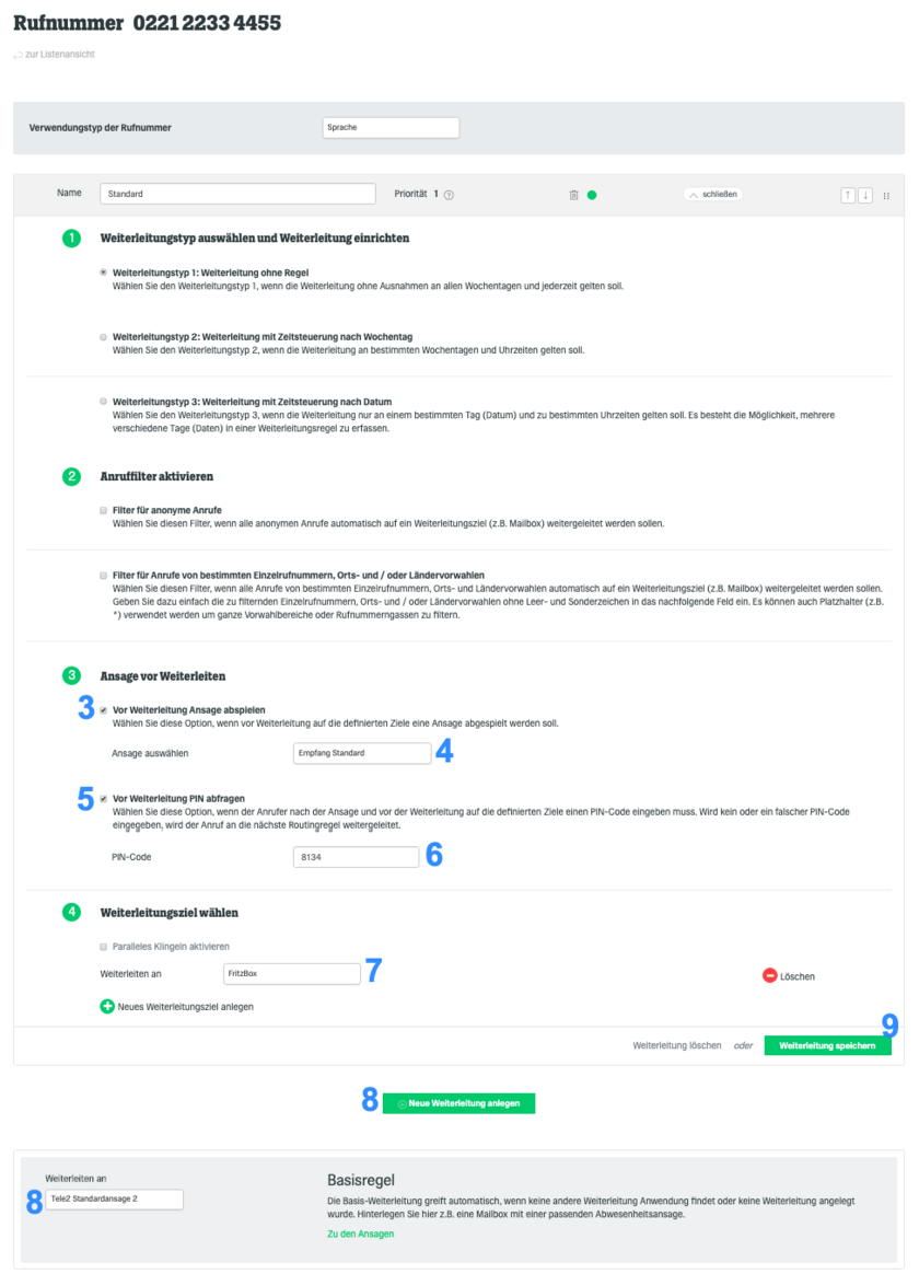 Ansage vor Weiterleiten einrichten