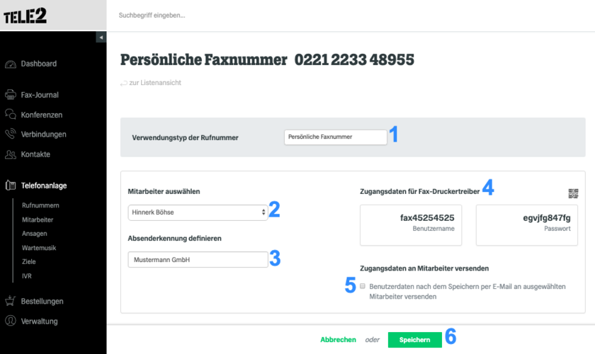 fonial Kundenkonto persönliche Faxnummern bearbeiten Schritt 2
