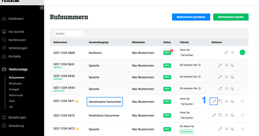 fonial Kundenkonto Gemeinsame Faxnummern bearbeiten Schritt 1
