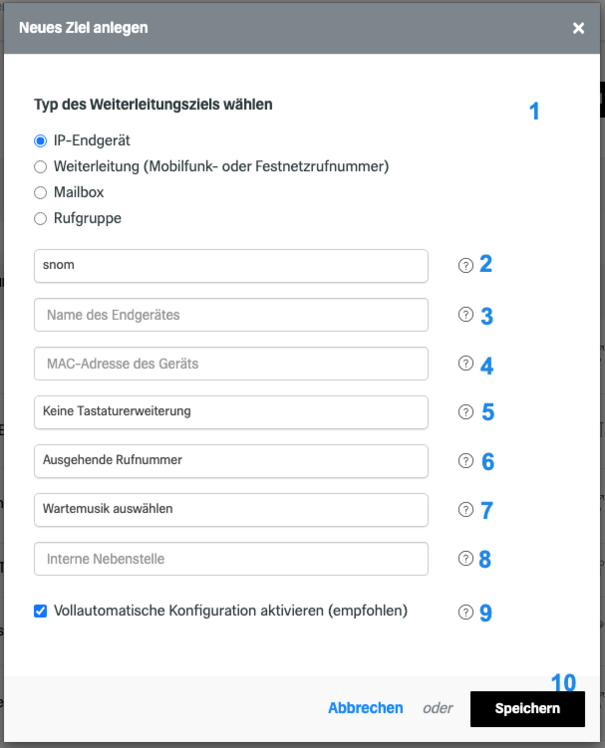 snom 710 als Ziel anlegen