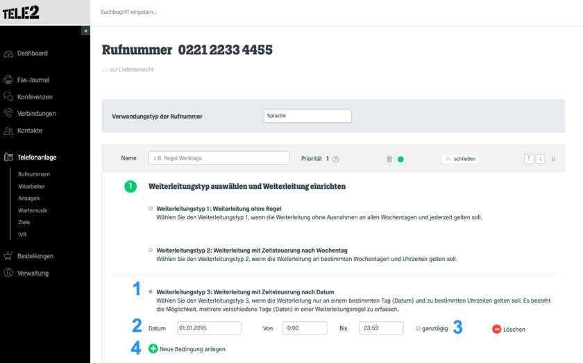 Weiterleitungstyp 3: Weiterleitung mit Zeitsteuerung nach Datum