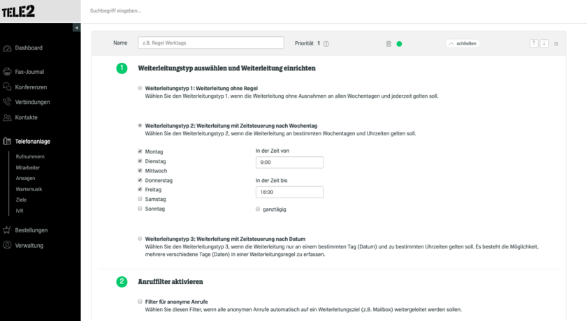 Ansicht fonial Kundenkonto Selektive Anrufweiterleitung
