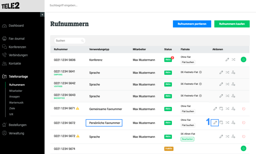 fonial Kundenkonto Persönliche Faxnummern bearbeiten Schritt 1