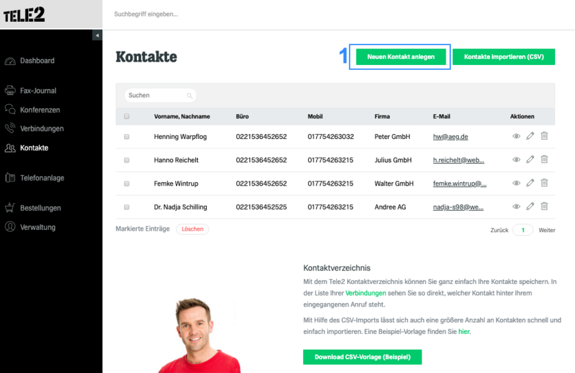 Kundenkonto Kontakte neuer Kontakt anlegen