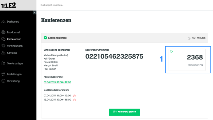 Funktionen Konferenz anmelden PIN
