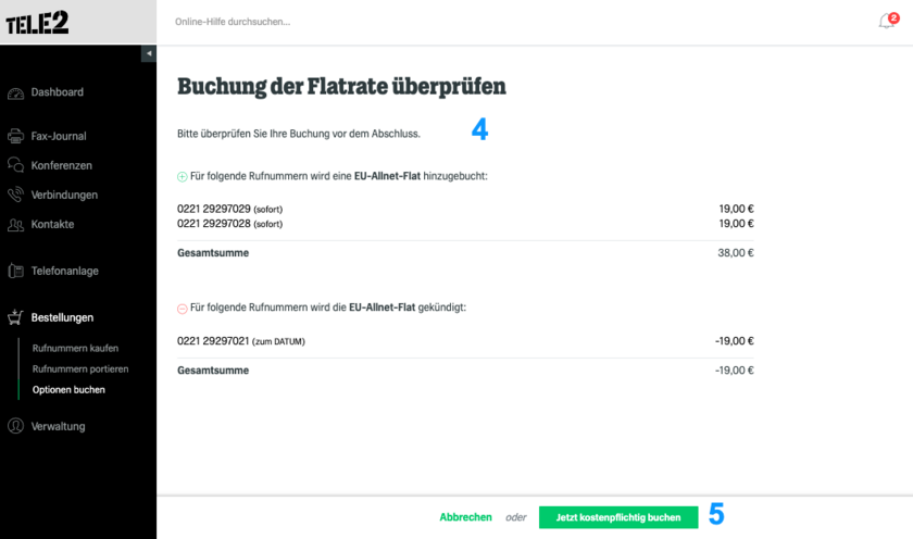 Bestätigung der Optionenbuchung im fonial-Kundenkonto