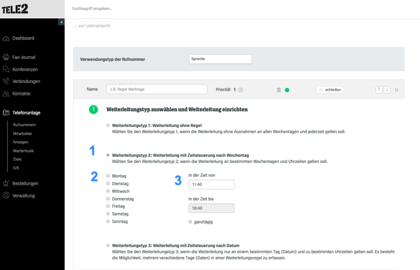 Weiterleitungstyp 2: Weiterleitung mit Zeitsteuerung nach Wochentag 