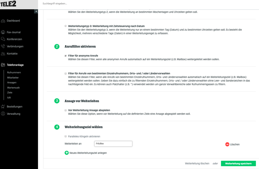Ansicht fonial Kundenkonto Selektive Gesprächsabweisung