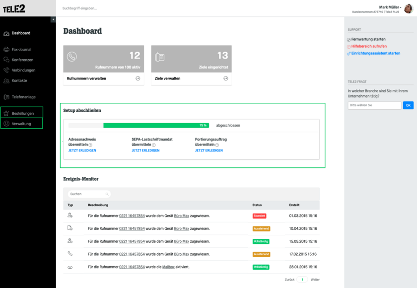 Tele2 Kundenkonto Dashboard Administrator-Konto 