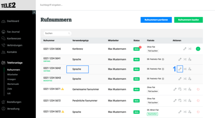 fonial Kundenkonto Sprachrufnummern bearbeiten Navigation
