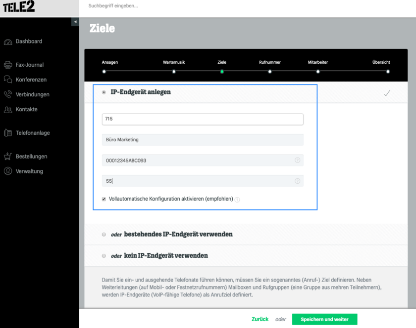 IP Endgerät als Ziel anlegen